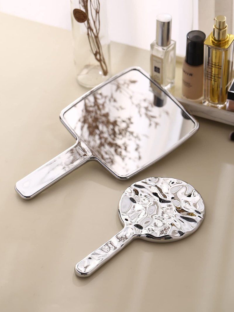 MIRRORNOVA Handheld Mirror, Water Ripples Hand Mirror with Handle for Make up, Round, Silver, Medium (4 x 8.7 inches)