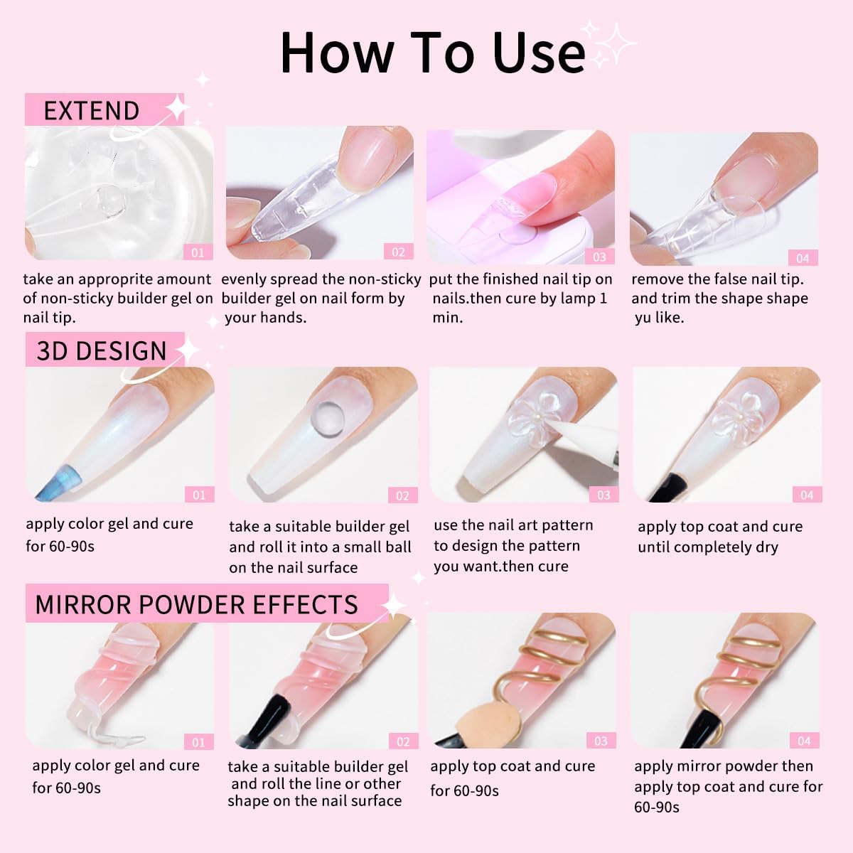 Solid Builder Gel for Nails Hard Gel 4 in1 Clear White Non-sticky for Nail Extension with Art Tools for DIY Nail Thickening Solution 5g