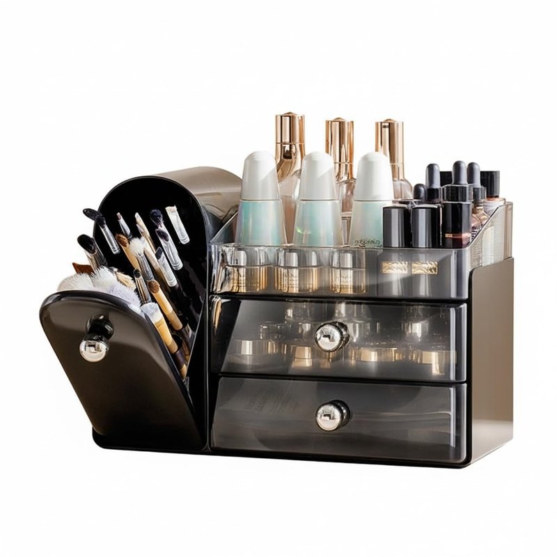 Bird&Fish Makeup Organizer with Sliding Brush Holder, Clear Skincare Organizer with Drawers, Bathroom Countertop Organizer, Sturdy Cosmetic Storage Case for Vanity, Dresser (Black)