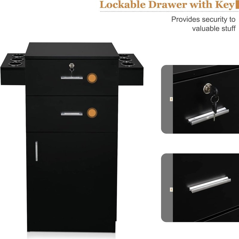 OmySalon Hair Stylist Salon Station - Large Storage Cabinet with 2 Drawers & 6 Hair Dryer Holders | Black
