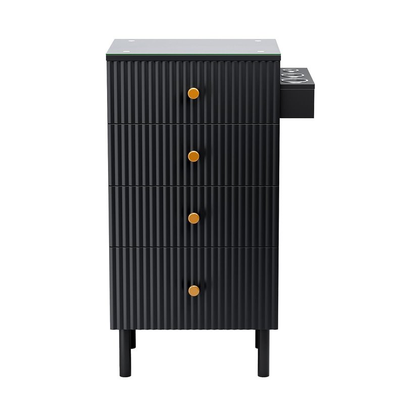 OmySalon Salon Station, Barber Station for Stylist, Hair Storage Cabinet with Glass Top & 4 Drawers & 3 Heat Resistant Tool Holders, For Beauty Spa, Salon, Black