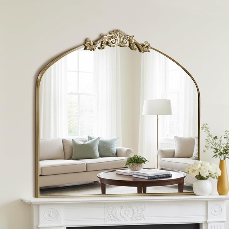 Vintage Arched Baroque Wall Mirror - 36" x 30" Antique Ornate Design | Elegant Carving, Full Metal Frame, Retro Gold