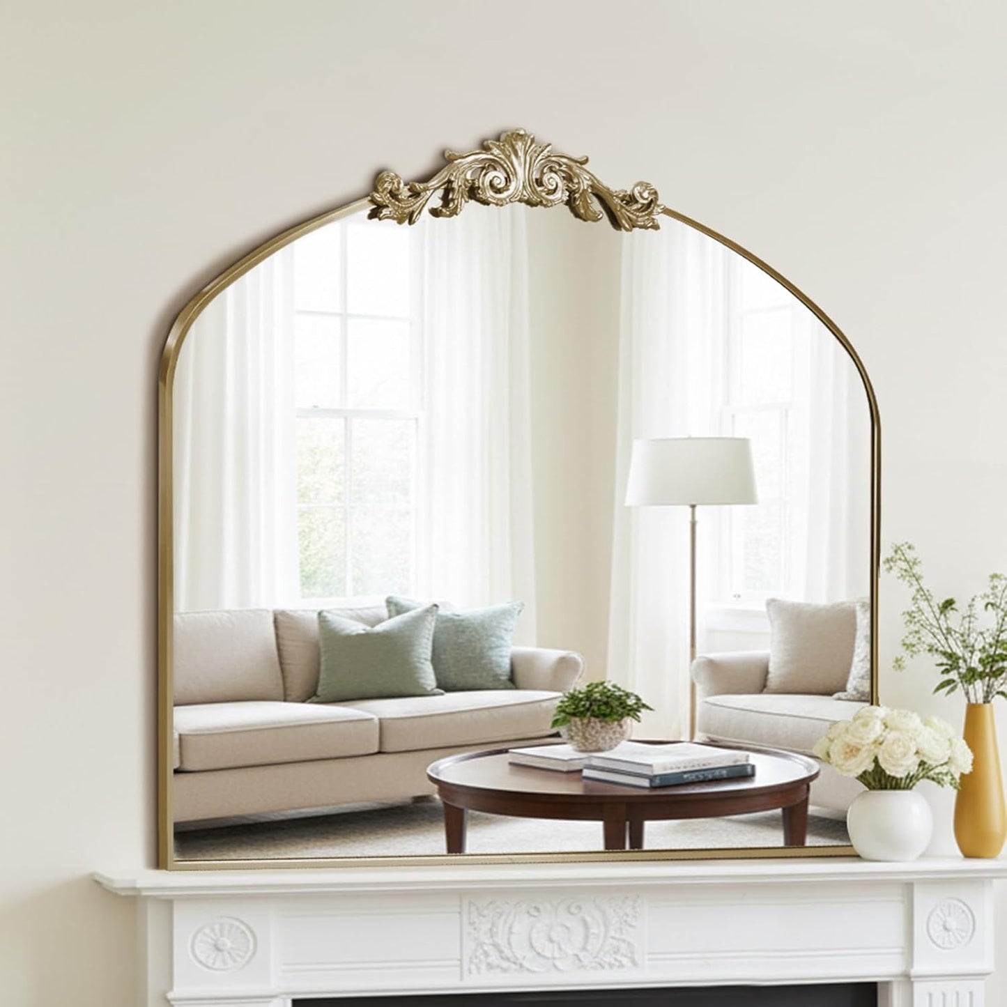 Vintage Arched Baroque Wall Mirror - 36" x 30" Antique Ornate Design | Elegant Carving, Full Metal Frame, Retro Gold