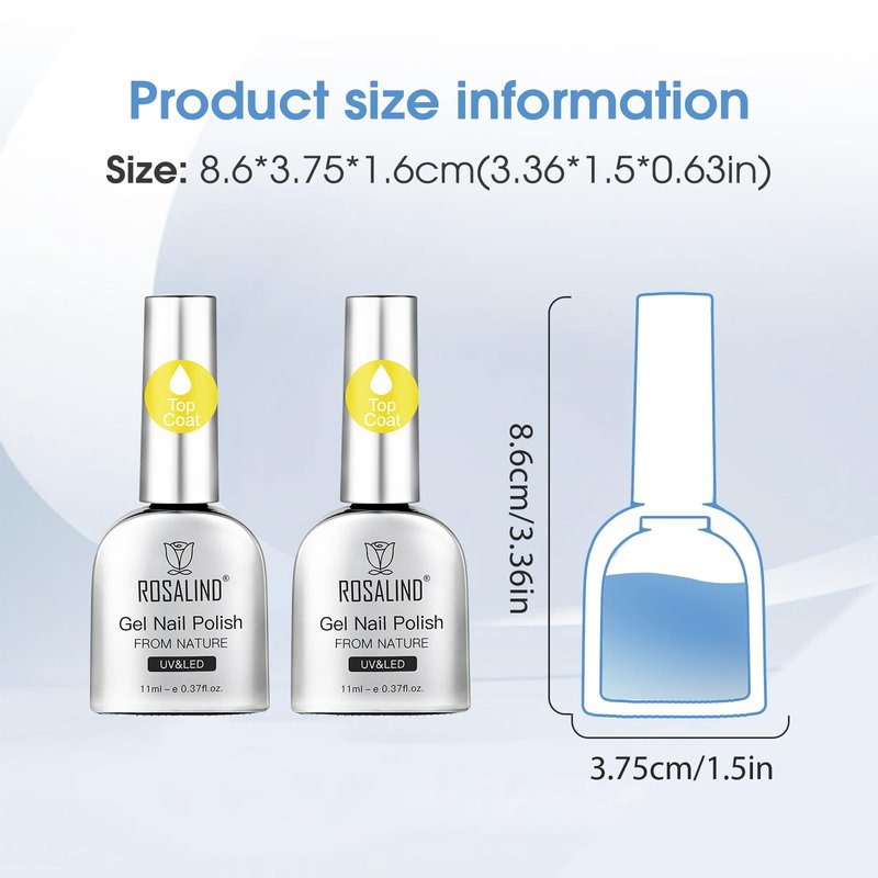 ROSALIND Clear Gel Top Coat, 2Pcs 11ml No Wipe Top Coat Gel Nail Polish Long-Lasting High Glassy Shiny,Need U V/LED Lamp for Home DIY Gift
