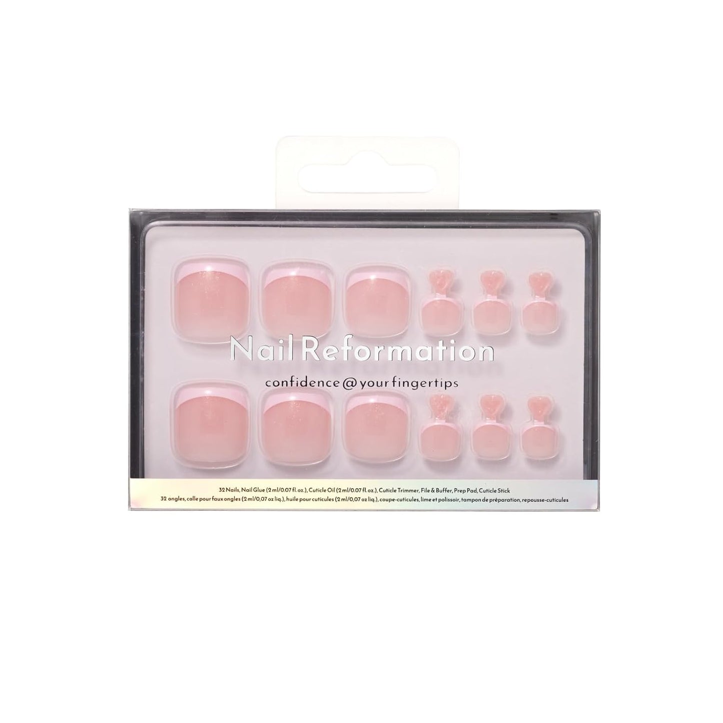 Skiennix Press-On Toenails - Ballet Pink Sheer Shimmer Short Square Fake Nails | Reusable Pedicure Kit - 32 Pcs / 16 Sizes