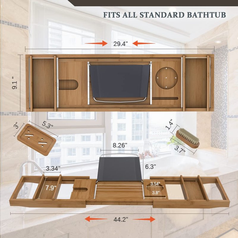 Bath Caddy Tray for Bathtub - Bamboo Adjustable Organizer Tray for Bathroom with Free Soap Dish Suitable for Luxury Spa or Reading(Walnut)