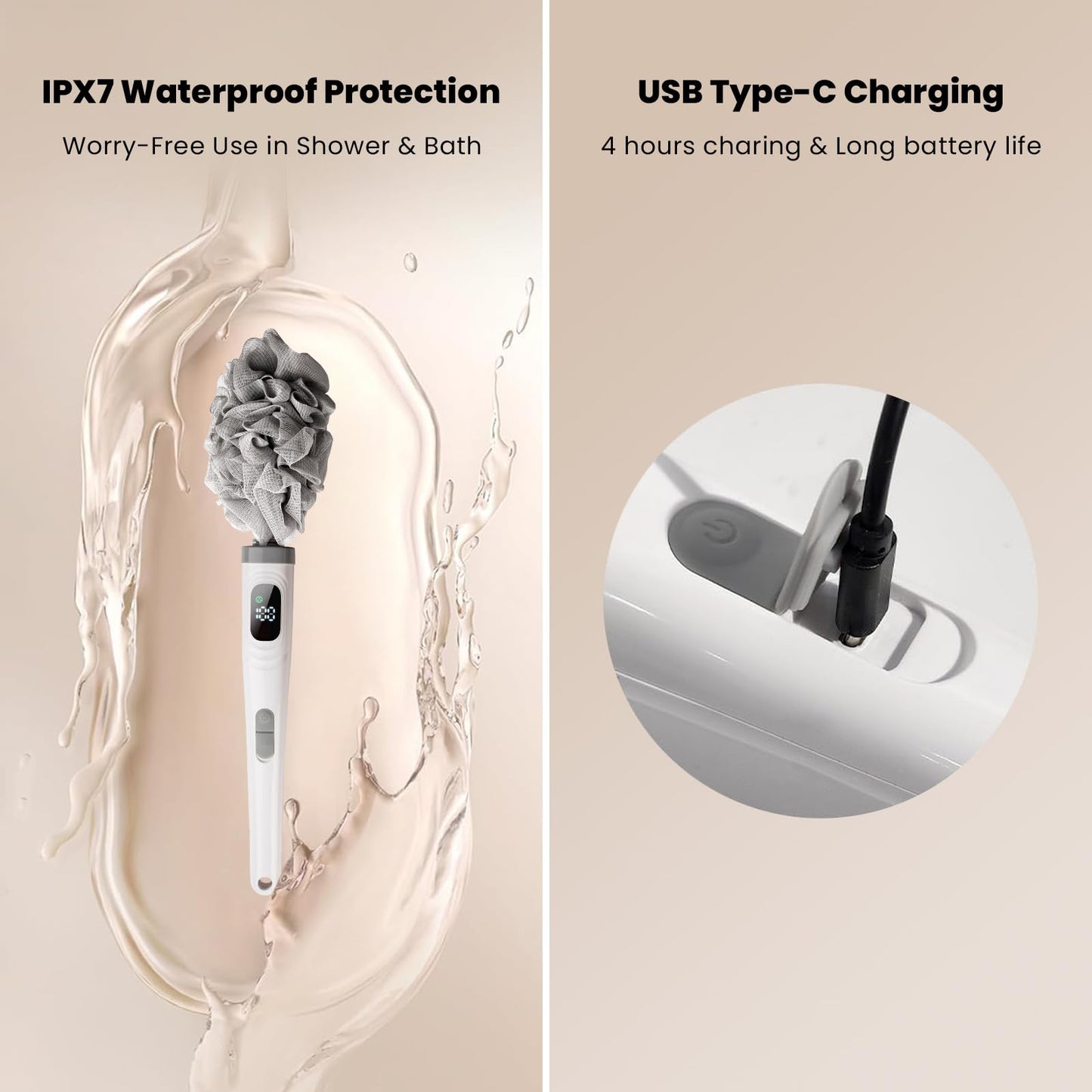 Electric Body Brush Back Scrubber for Shower, Electric Body Brush with Long Handle, Waterproof Rechargeable Bath Brush Body Scrubber with 3 Brush Heads & 2 Speeds for Cleansing and Exfoliating Skin