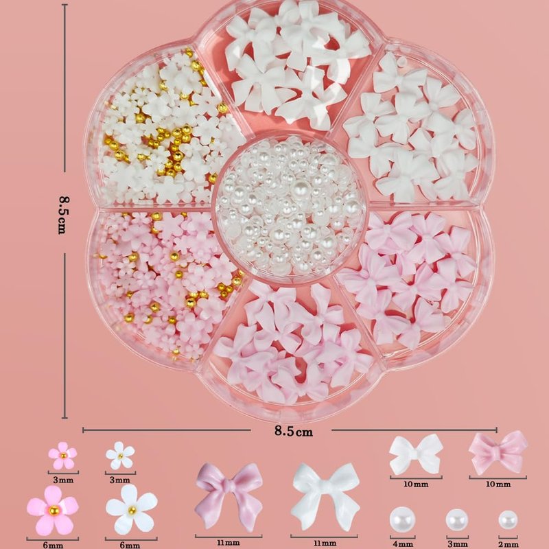 Nail Charms, Flower Bow Manicure Kit, Pink White 3D Cute Flower and Bow Nail Charms, 3D Acrylic Flowers Nail Gems with White Half Pearls Nail Art Decoration