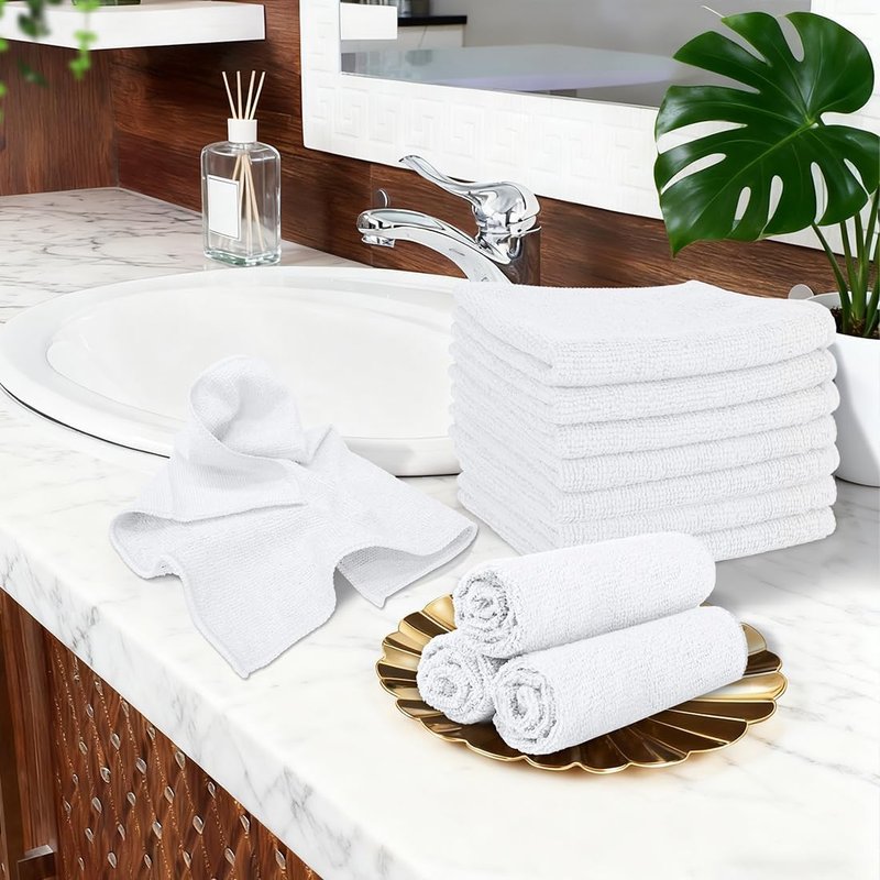 Orighty Microfiber Washcloths Set - 10 Highly Absorbent & Soft Face Towels | Multi-Purpose 11.5x11.5 Inch, White