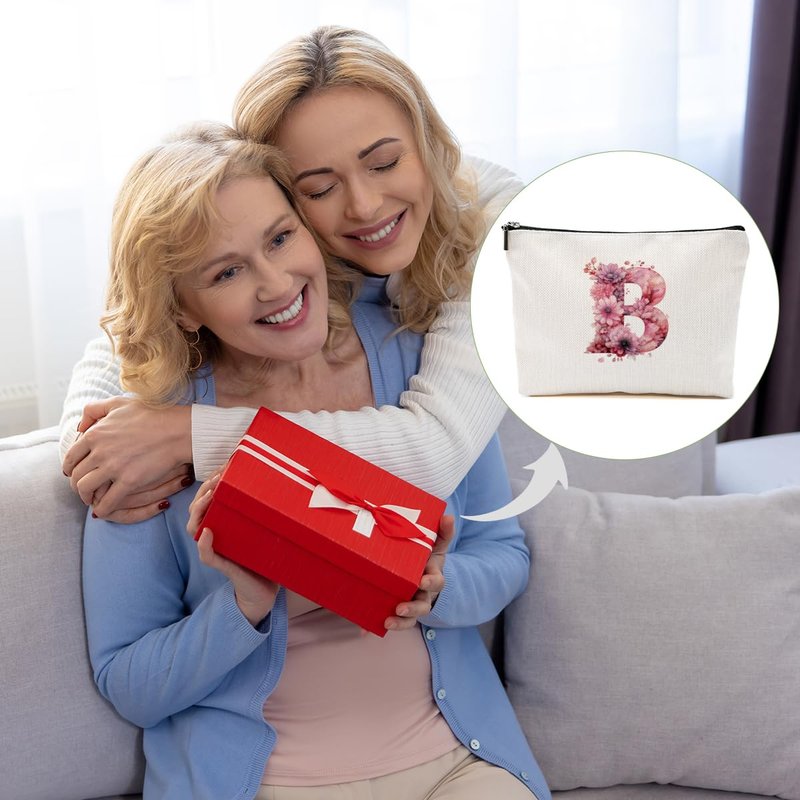 DHKG Initial Makeup Bag Personalized Cosmetic Bag Monogrammed Gifts for Women Girl Bride Teacher Travel Organizer Zipper Pouch Teacher Gifts Mothers Day Birthday Bridal Shower Gifts, Pink Letter B