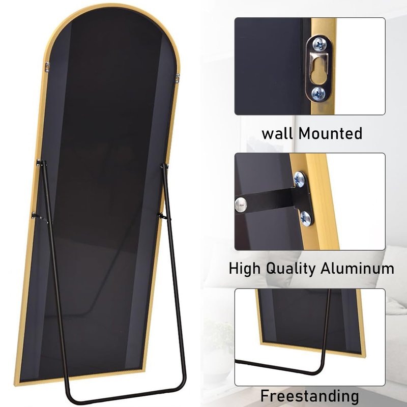 ZMYCZ Floor Length Mirror, 81"x41" Arch Full Length Mirrors Full Length Hanging or Leaning with Stand, Wall Mounted Mirrors, Arched-Top Body Mirror with Aluminum Frame for Bedroom (Gold)
