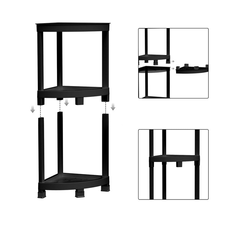 GallopFun Corner Shower Stool for Inside Shower, Waterproof Shower Bench for Shaving Legs, Plastic Anti-Fracture Shower Seat/Foot Rest with Baffle Storage Shelf, Rapid Assembly DIY Shelf (Black)