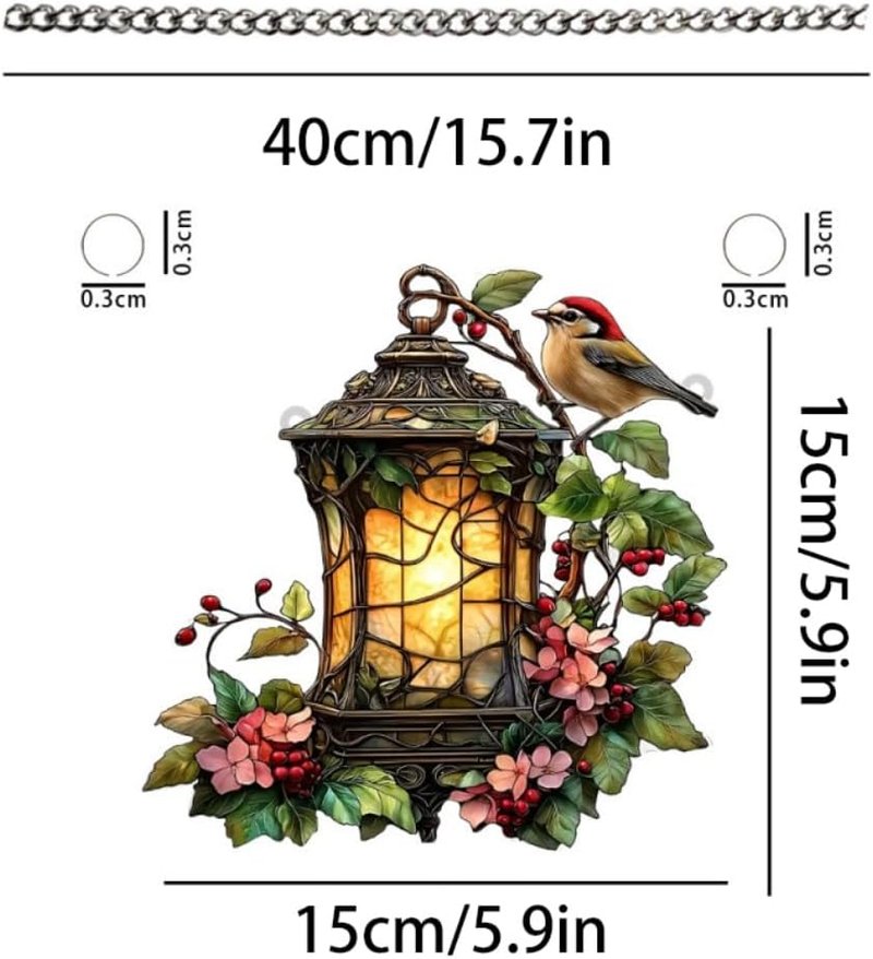 Acrylic Lantern with Bird & Flowers | 7.08-Inch Stained Glass Style Window Decor & Rainbow Maker