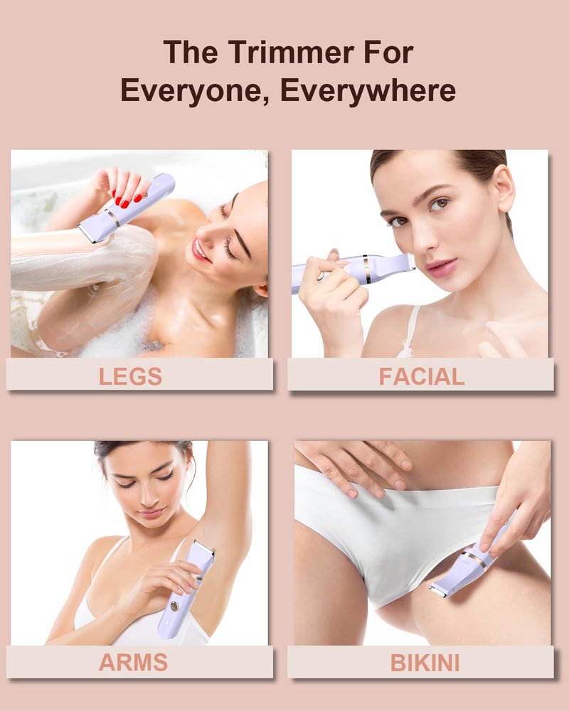Bikini Trimmer for Women,Painless Electric Razor & Body Shaver for Pubic Hair,IPX7 Waterproof Hair Trimmer Women with Ceramic Blades,USB Rechargeable,Wet/Dry Use,Gifts for Women(Light Purple)