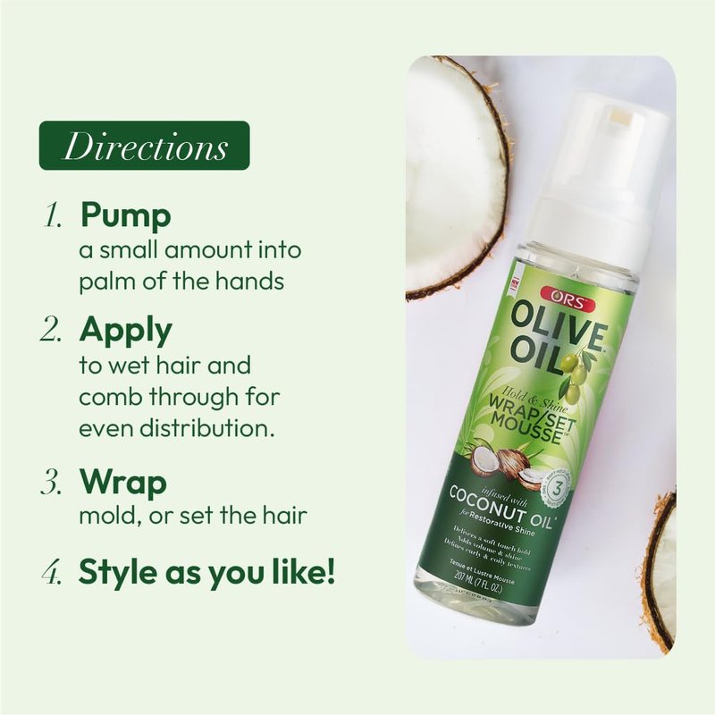 ORS Olive Oil Hold & Shine Wrap Set Mousse Infused with Coconut Oil for Restorative Shine 7 Ounce (Pack of 2)