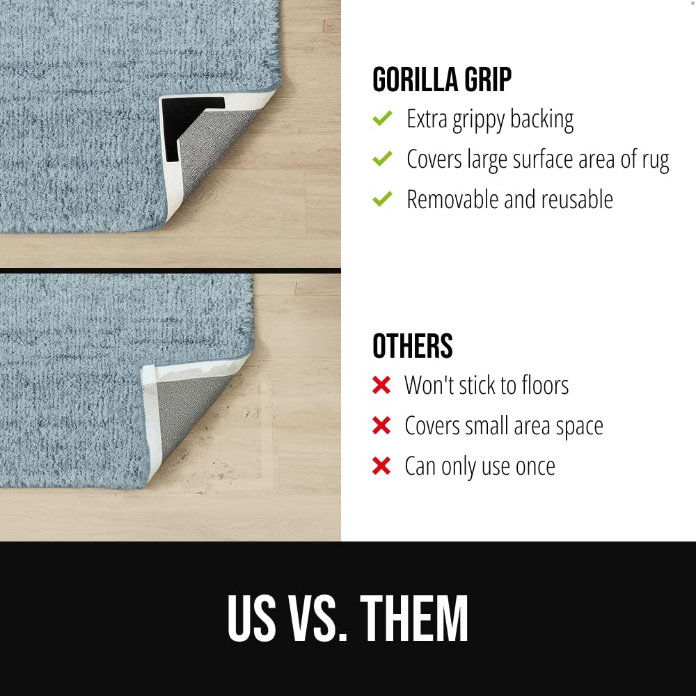 GORILLA GRIP® Extra Wide Dual Sided Rug Gripper Pads, Holds Carpet in Place on Hardwood Floors and Tile, Removable Reusable Sticky Corner Grippers, Universal Fit Floor Pad for Under Area Rugs, 4 Pack