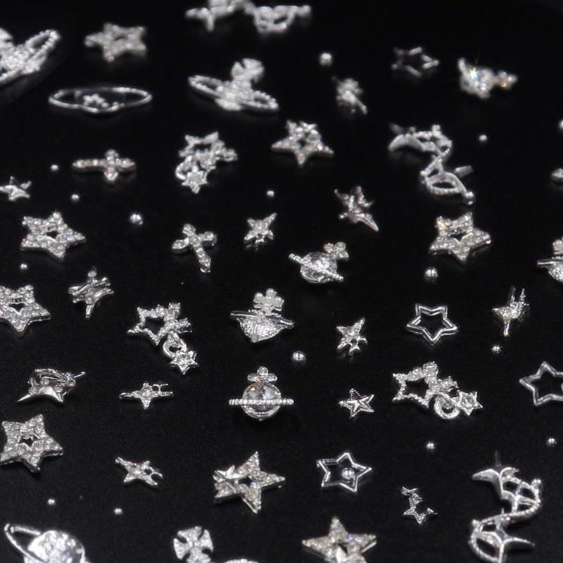 Star Nail Charms - 120+ Pcs Rhinestone Inlaid Silver Star & Planet Decorations | Nail Art Accessories for DIY Manicure