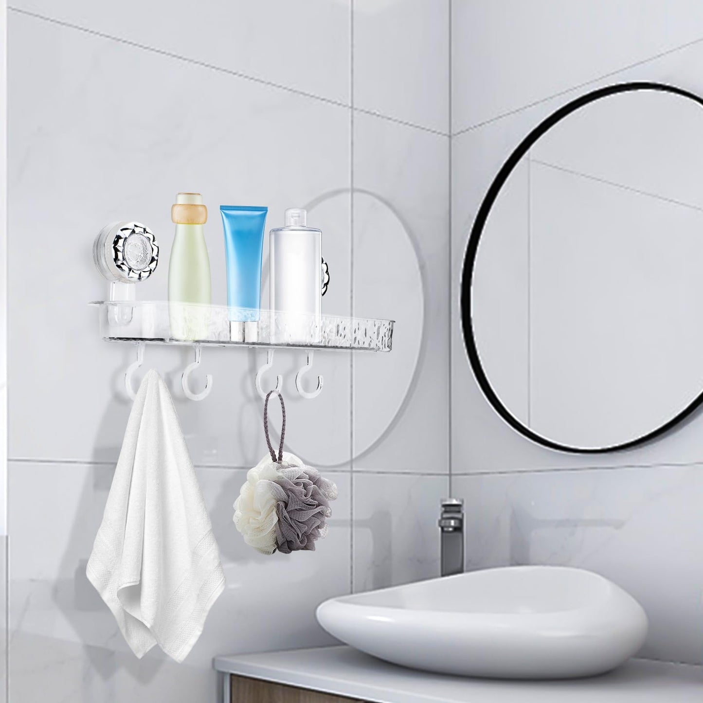 LELE LIFE Suction Cup Shower Caddy - Acrylic Shower Organizer Large Removable Bathroom Shelf, Powerful Suction Basket Bathroom Storage Rack with 4 Hooks, Clear