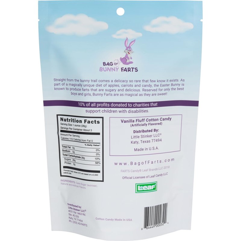 Bag of Bunny Farts Vanilla Cotton Candy Funny Easter Basket Stuffer for All Ages Unique Birthday for Friends, Mom, Dad, Girl, Boy Gag Gift, 3 ounces / 1 pack