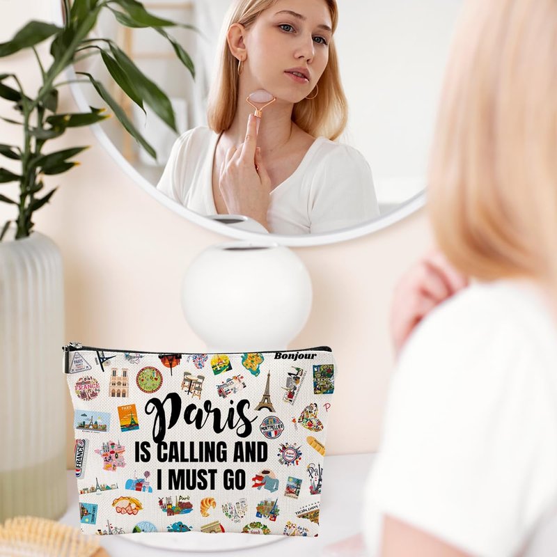 Paris Travel Cosmetic Bag - Paris City Skyline Themed Gifts for Women, Friends, Sister, Bachelorette Party Favors, Girls Trip