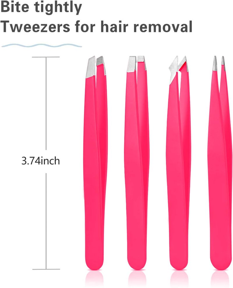 Derlaier Tweezers Set Professional High Precision Stainless Steel Eyebrow Remover Ingrown Hair & Splinter Removal Kit Facial Hair Grooming Tools for Men Women Pink 4 Pcs