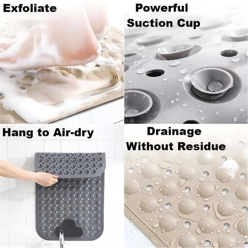 Bathtub Anti-Slip Mat Shower Mat with Suction Cups Drain Hole Foot Massage Bathroom Floor Mat 28x16 Inch (Grey)