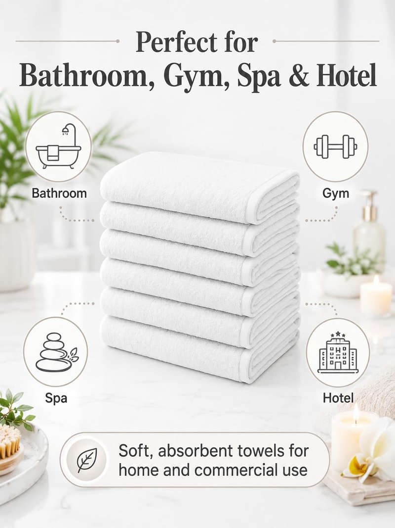 BIOLINEN White Bath Towels Set 6 Pack 24x48, 100% Cotton Towels for Bathroom, Soft Absorbent Quick Dry Towels for Gym Spa Hotel Pool, Bulk Bath Towel