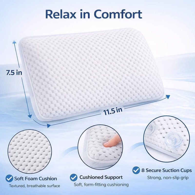 Bath Pillow for Tub with 8 Suction Cups and Drying Hook, Non-Slip Bathtub Headrest Foam Cushion, Waterproof, 11.5 x 7.5 x 2 Inches