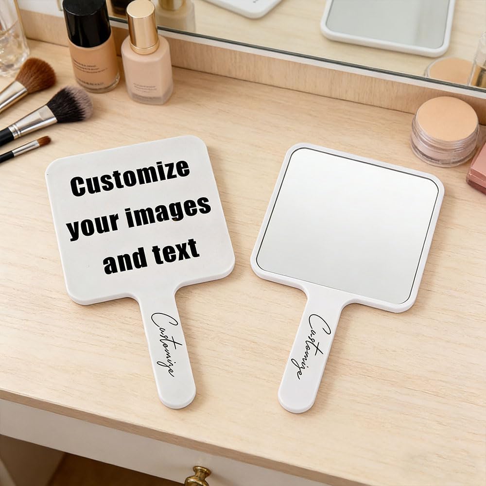 Solarix Handheld Makeup Mirror - Personalized Image & Text | Portable Square Vanity Mirror 15.7x9cm