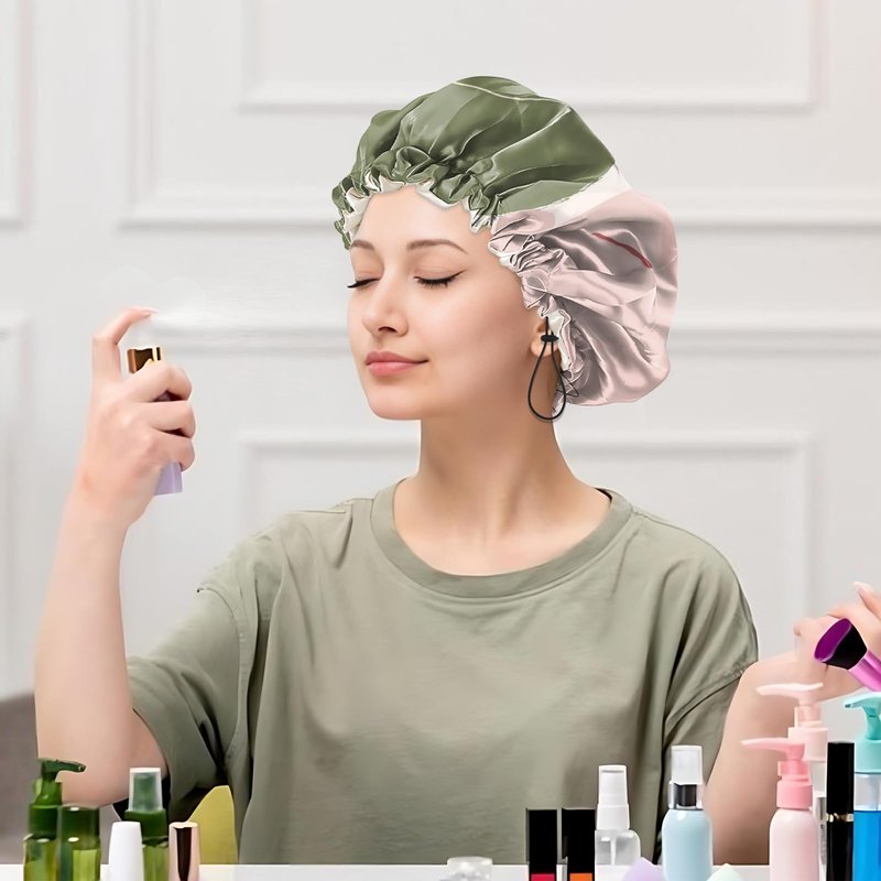 Cabreche Luxury Shower Cap Satin Silk Lined Adjustable Elastic Reusable Waterproof Shower Bath Cap Cute for Women Girls-Color Block