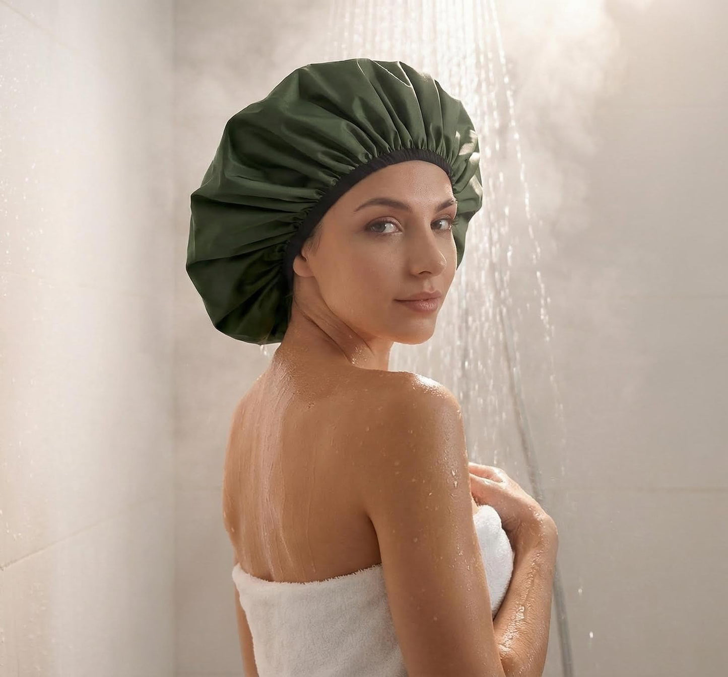 Extra Large Shower Cap for Women, Reusable Waterproof Shower Bonnet with Satin Lining, Double Layer Washable Bath Hair Cap for Braids, Locs, Long Thick Curly Hair, Natural Hair(Big Green)