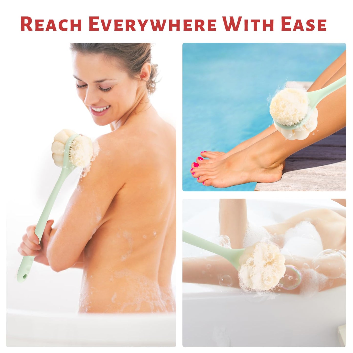 2 Pcs Double Sided Bath Brush Long Handled Shower Brush Massage Body Cleaning Mesh Sponge with Soft Bristles and Loofah for Skin Exfoliating Bath - Green