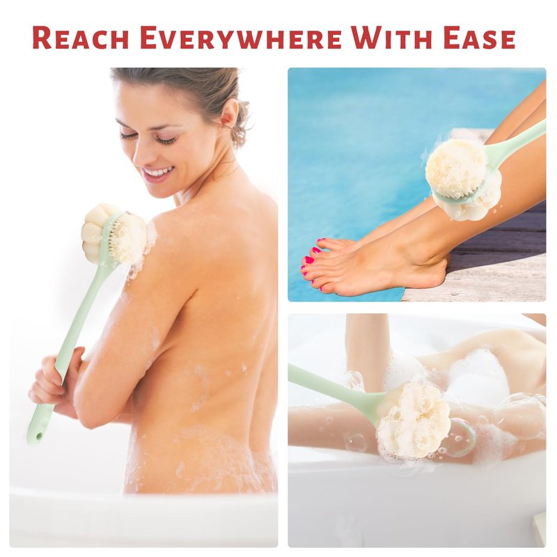 2 Pcs Double Sided Bath Brush Long Handled Shower Brush Massage Body Cleaning Mesh Sponge with Soft Bristles and Loofah for Skin Exfoliating Bath - Green