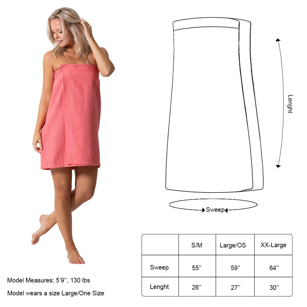 Turkish Linen Women’s Waffle Spa Body Wrap with Adjustable Closure (Small/Medium, Coral)