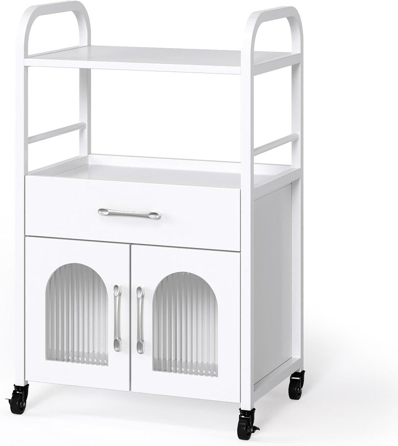 OmySalon Salon Trolley Cart - Esthetician Mobile Storage Station with Drawer & Tray | White