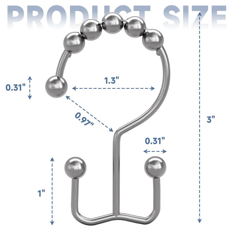 Titanker Double Shower Curtain Hooks, Rust Proof Shower Curtain Rings, Metal Shower Hooks for Bathroom Shower Rods Curtains, Set of 12 Hooks - Chrome