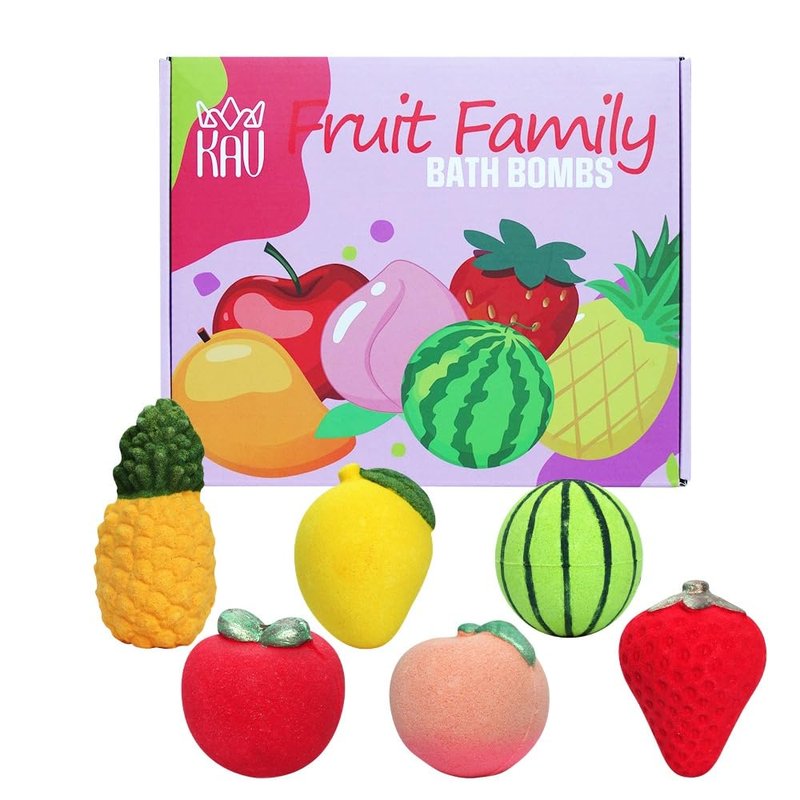 KAV Fruit Family Bath Bomb Set - 6Pcs Fruit Shaped Organic Bath Bombs for Kids, All Natural Scented Bubble Bath Bombs, Skin Safe & Non-Toxic bathbombs, Self Care Girlfriend Gifts for Spa Day