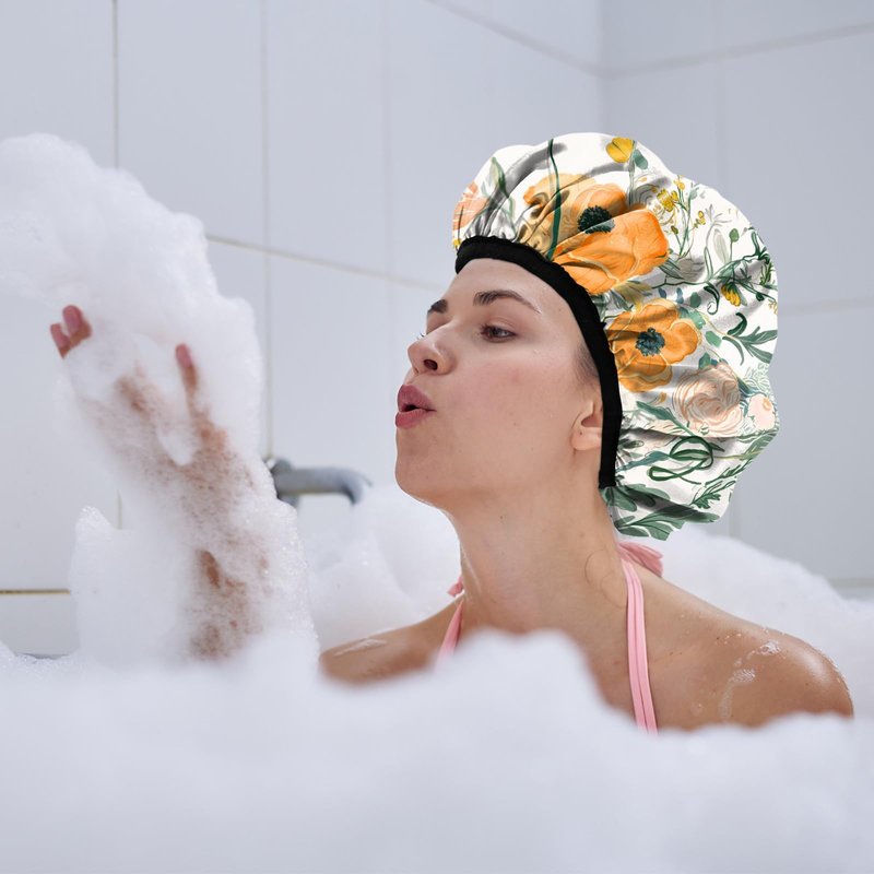 Cabreche Luxury Shower Cap Terry Lined Reusable Triple Layer Waterproof Hair Elastic Caps Shower Bath Hat for Women Girls Cute Aesthetic-Orange Flower