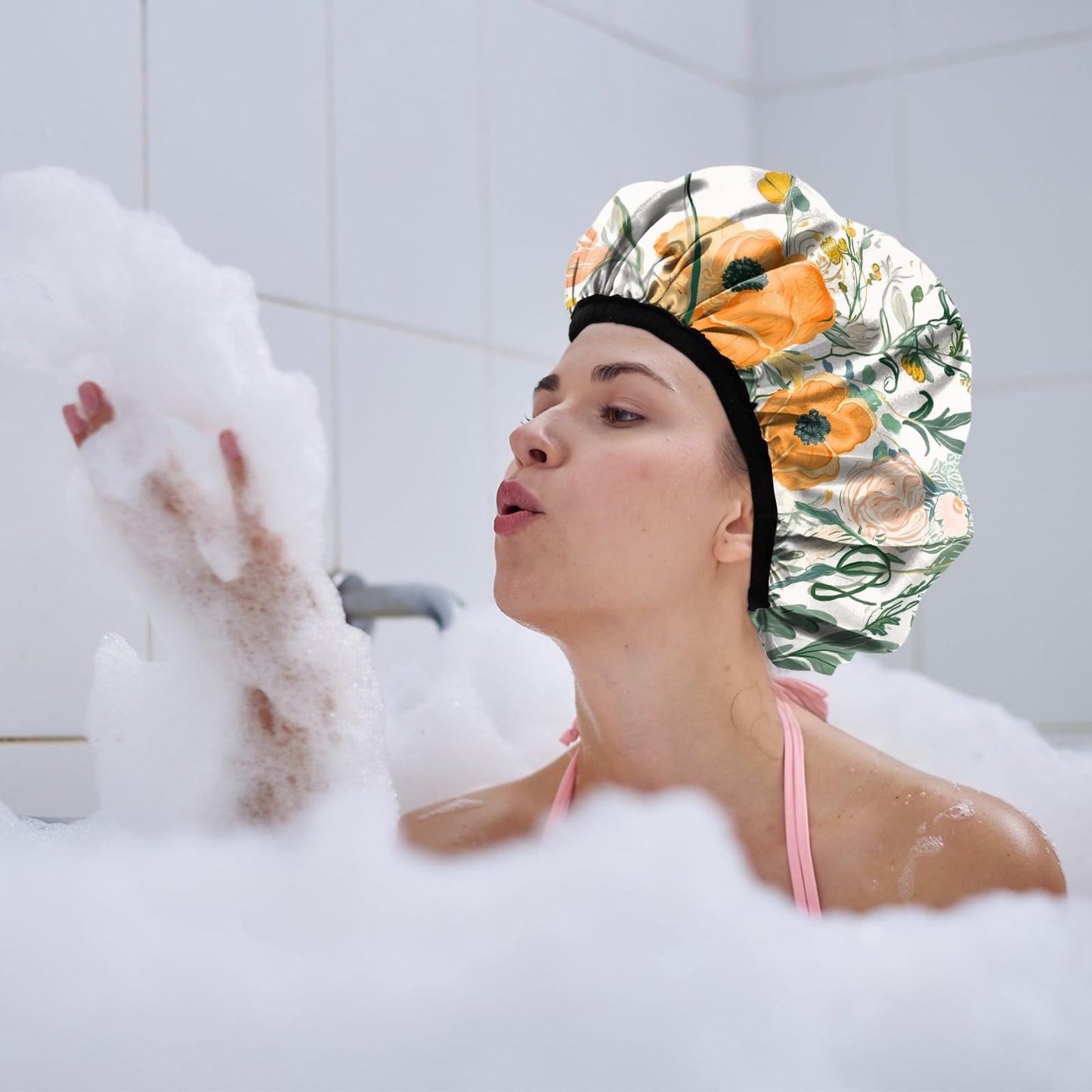 Cabreche Luxury Shower Cap Terry Lined Reusable Triple Layer Waterproof Hair Elastic Caps Shower Bath Hat for Women Girls Cute Aesthetic-Orange Flower