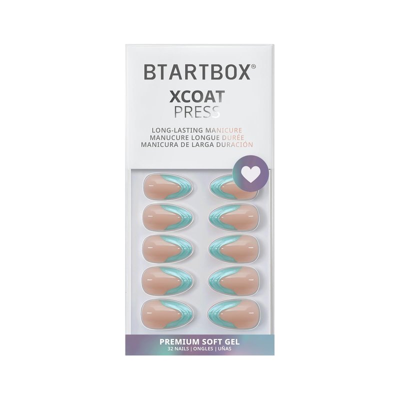 BTArtbox French Tip Press On Nails - Wave Ride, Lamp-Curable 4-Week Wear 3D Blue Swirl Short Almond Press On Nails with Glue and Adhesive Tabs, Easy-to-Apply in 16 Sizes - 32 Nails All-in-One Kit