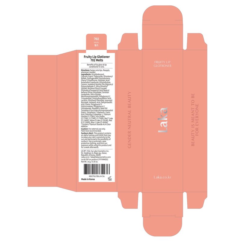Laka Fruity Lip Glotioner, 10ml/0.33 fl.oz, Lip Gloss with High Shine Vivid Colors, Jelly tip for Hygienic & Easy Application, K-Beauty (#702 Melts)