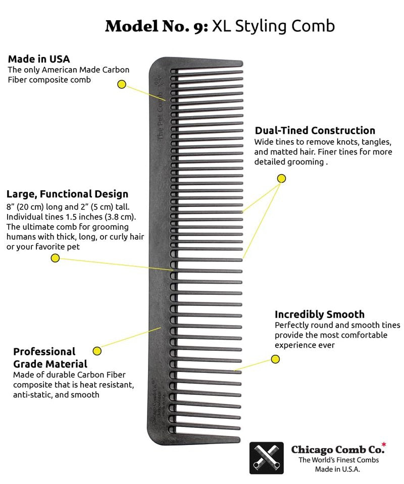 Chicago Comb No. 9 Pet, the XL Comb for Man or Beast, Carbon Fiber, Made in USA