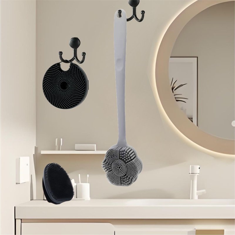 Back Body Scrubber & Face Scrubber for Shower - 15 Inch Long Handle Double Sided Silicone Body Brush for Exfoliation & Massage, Soft Facial Cleansing Brush, Rich Lathering for Deep Cleansing (Gray)