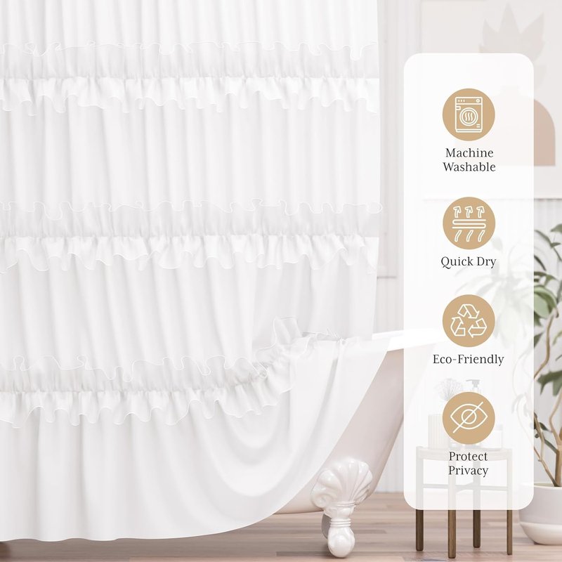 AmazerBath White Ruffle Shower Curtain - Victorian Sheer Ruffled Design | 72x72 Elegant Farmhouse Bathroom Decor