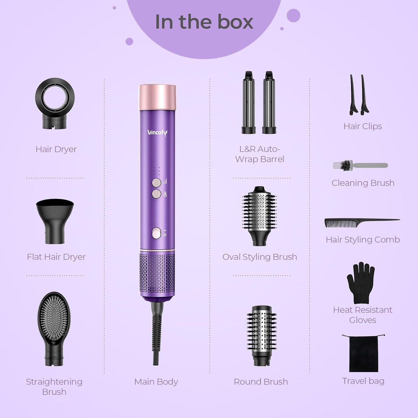Vincofy 7-in-1 Blow Dryer Brush Set - Ionic Hot Air Styler for Fast Drying & Curling - 1500W Power in Lilac
