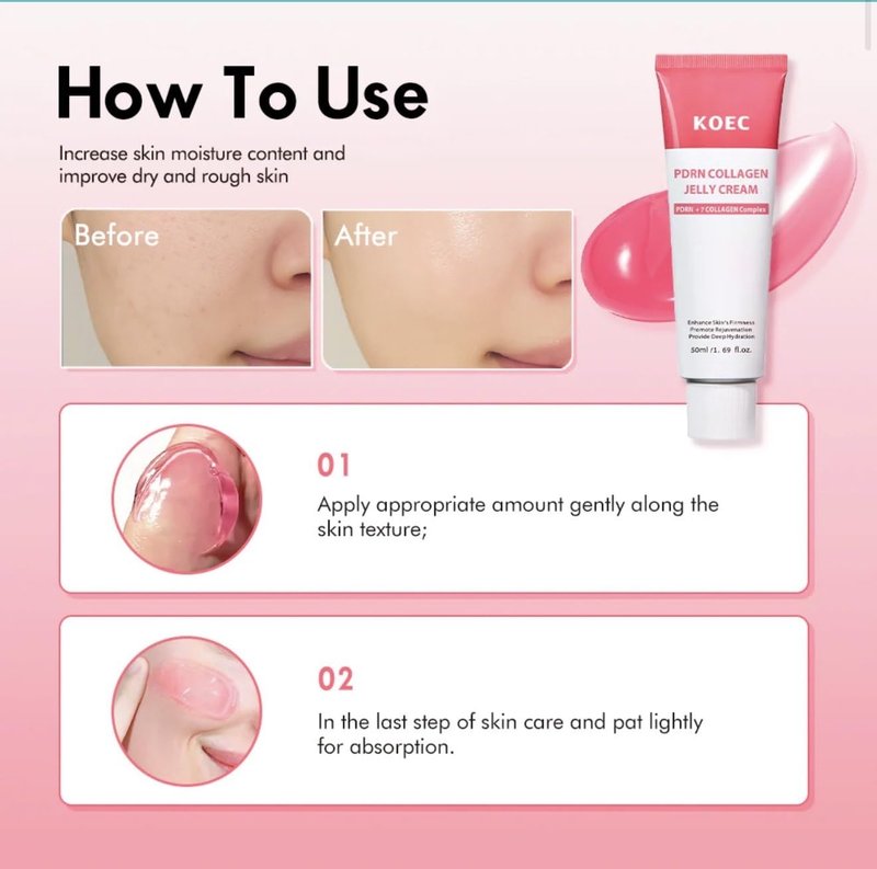 BEAUTIVANA KOEC PDRN Collagen Jelly Cream with 7 Collagen Complex,PDRN Pink Peptide Skincare for Deep Hydrating & Skin Elasticity & Firming Face Moisturizer,Glass Skin Glow 1.69 Fl Oz