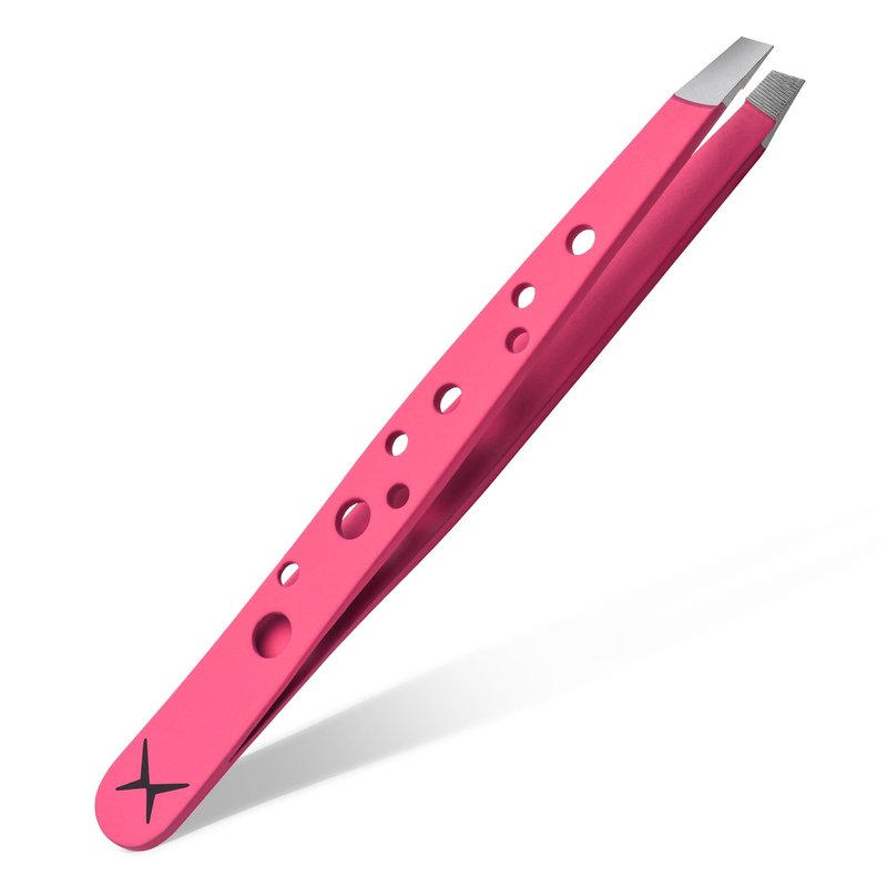 Precision Eyebrow Tweezers – Hand Finished Japanese Stainless Steel, Perfect Alignment, Slant Tip for Fine Hair, 9-Hole Grip, Unique Colors (Electric Pink)