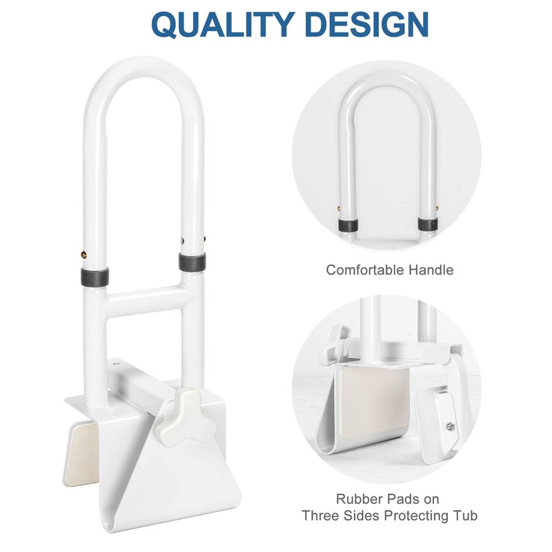 HEPO Adjustable Bathtub Safety Rail for Elderly, Tub Grab Bar for Bathroom, Assistance Bathtub Handle Clamp for Seniors Bath Handles Support and Fall Prevention, White