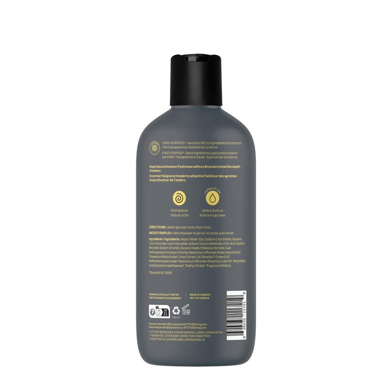 ATTITUDE Shower Gel Body Wash for Men, 98% Natural Origin Ingredients, Paraben & Phthalate Free, EWG Verified, Cleanses Without Drying, Amber & Citrus, 14 Fl Oz