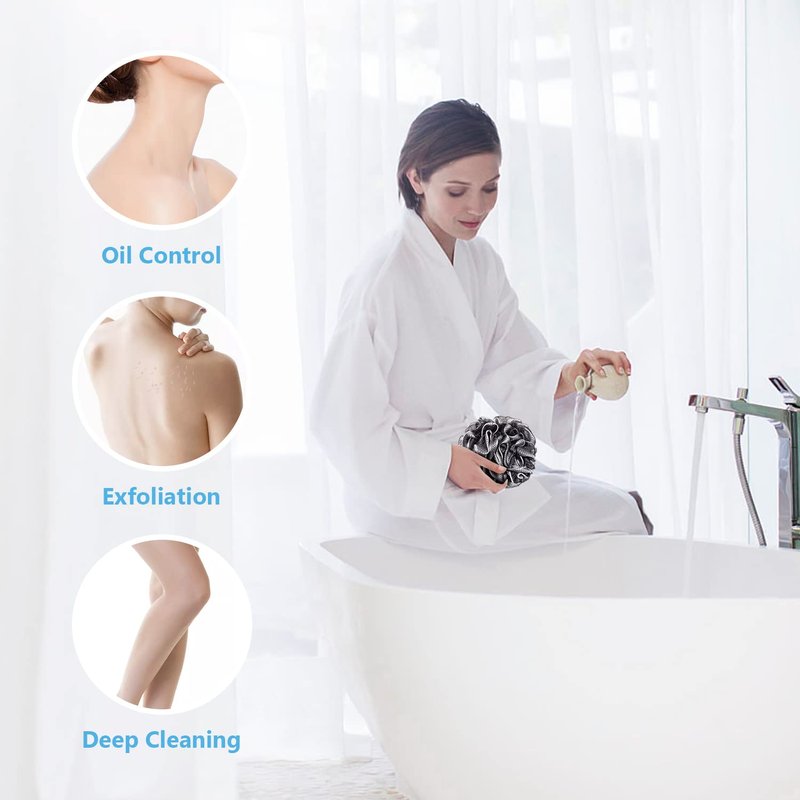 VANZAVANZU Bath Loofah Large 80g Shower Sponge Body Scrubber Mesh Pouf for Men and Women, Set of 4 (Black with White)